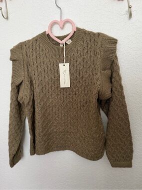 Rylee + Cru Taupe Cable Knit Ruffle Shoulder Sweater